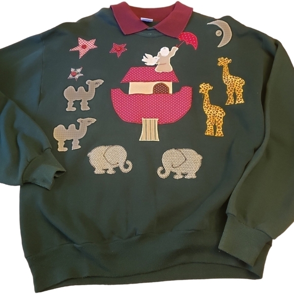 Vintage Jerzees Sweatshirt Noah's Ark Appliqued Handcrafted Green L - Picture 12 of 12